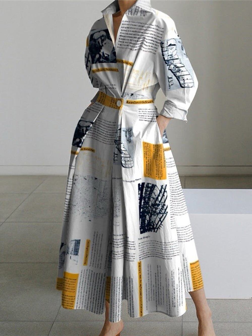 UOOZEE Y2K Newspaper Print Long Sleeve Shirt Dress Belted Pleated Medium